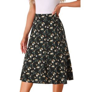 Floral Peasant Elastic Waist A-Line Leave Print Midi Skirt Black White